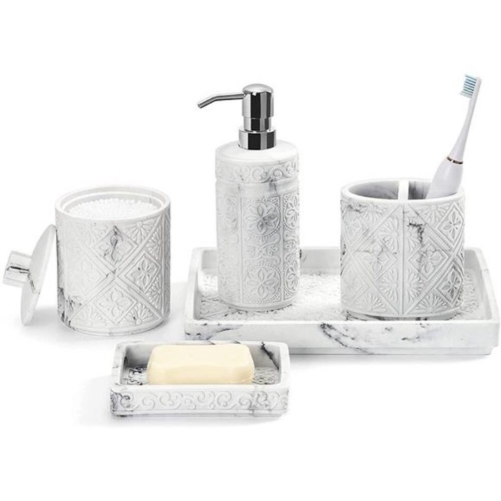 Bathroom Accessory Sets 5 Pcs, 3D Resin Vanity Tray, White